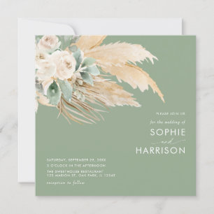 Invitation Sage Green Boho Pampas Grass Carré Mariage