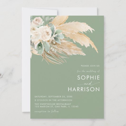 Invitation Sage Green Boho Pampas Grass Mariage (Devant)