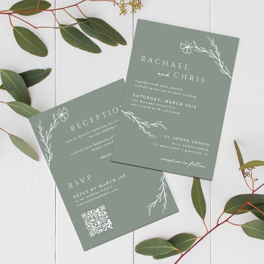 Invitation Sage Green Boho Simple Floral Botanal Code QR