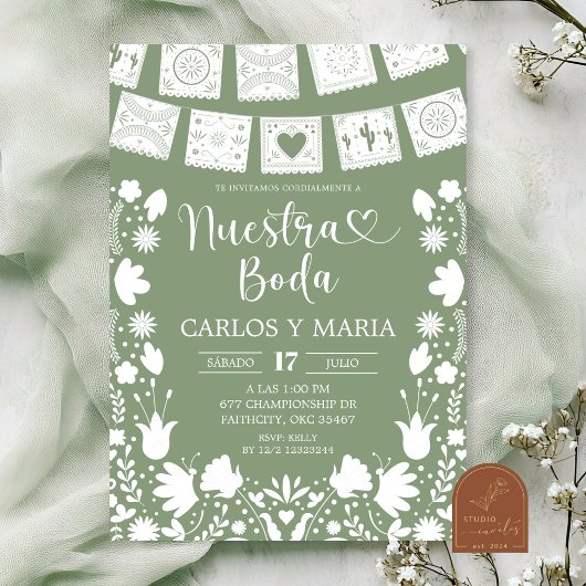 Invitation Sage Green Boho Talavera Mexican Nuestra Boda