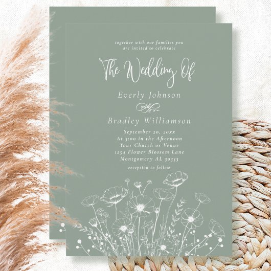 Invitation Sage Green Boho White Wildflower QR Code Wedding 