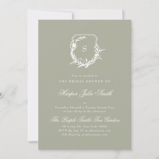 Invitation Sage Green Bordure florale blanche Monographie (Devant)
