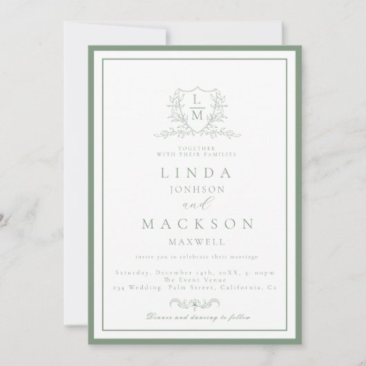 Invitation Sage Green botanical crest All in one wedding  (Devant)