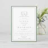 Invitation Sage Green botanical crest All in one wedding  (Debout devant)