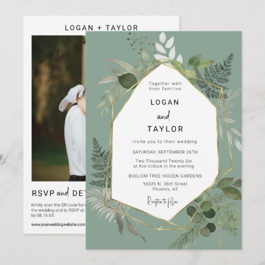 Invitation Sage Green Botanical Greenery Gold Frame QR Code (Devant / Derrière)