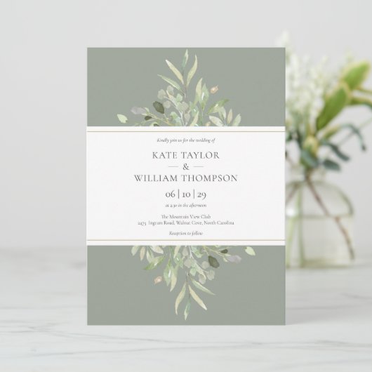 Invitation Sage Green Botanical Greenery Mariage  (Debout devant)
