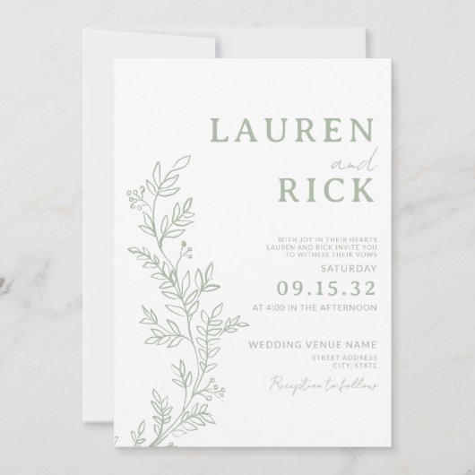 Invitation Sage Green Botanical Line Art Greenery Mariage (Devant)
