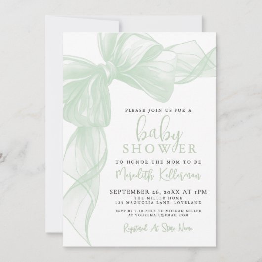 Invitation Sage Green Bow Baby Shower (Devant)