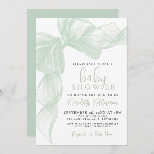 Invitation Sage Green Bow Baby Shower (Devant / Derrière)