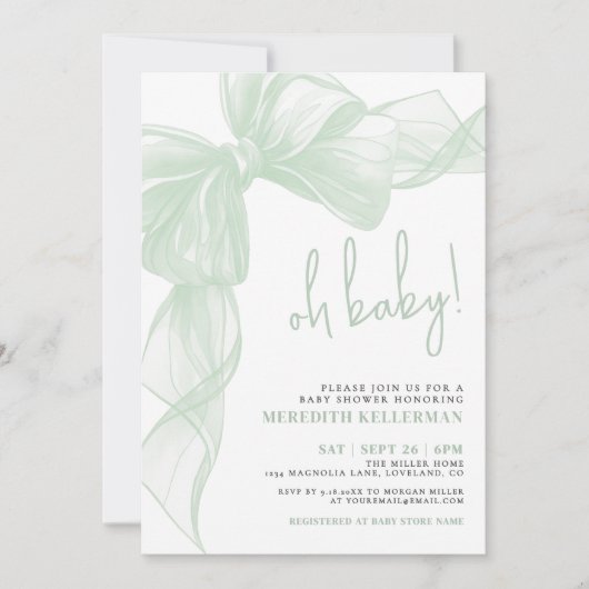 Invitation Sage Green Bow Baby Shower (Devant)