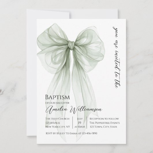 Invitation Sage Green Bow Baptême (Devant)