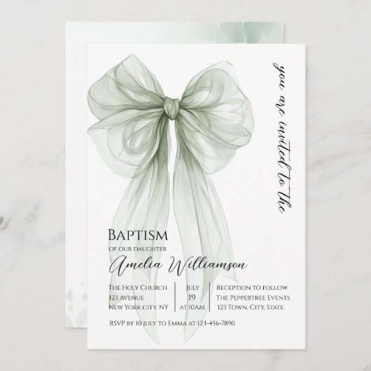 Invitation Sage Green Bow Baptême (Devant / Derrière)