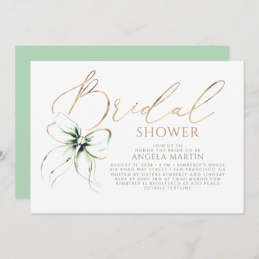 Invitation Sage Green Bow Elegant Romantic Bridal Shower (Devant / Derrière)