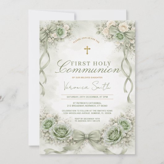 Invitation Sage Green Bow Floral First Holy Communion (Devant)