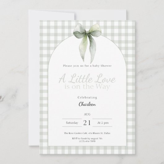 Invitation Sage Green Bow Gingham Baby Shower (Devant)