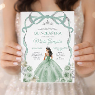 Invitation Sage Green Bow Princess Couronne argent Quinceañer