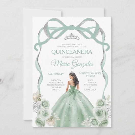 Invitation Sage Green Bow Princess Couronne argent Quinceañer (Devant)