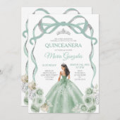Invitation Sage Green Bow Princess Couronne argent Quinceañer (Devant / Derrière)