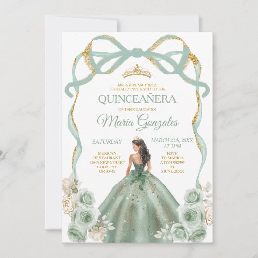Invitation Sage Green Bow Princess Gold Crown Quinceañera (Devant)