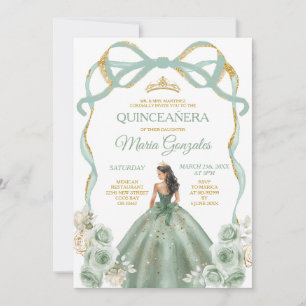 Invitation Sage Green Bow Princess Gold Crown Quinceañera