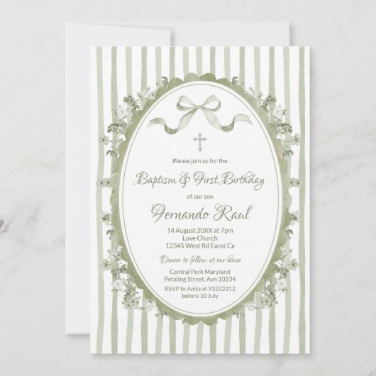Invitation Sage Green Bow Ribbon Oval Frame Baptême Neutre (Devant)