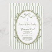 Invitation Sage Green Bow Ribbon Oval Frame Baptême Neutre (Devant / Derrière)