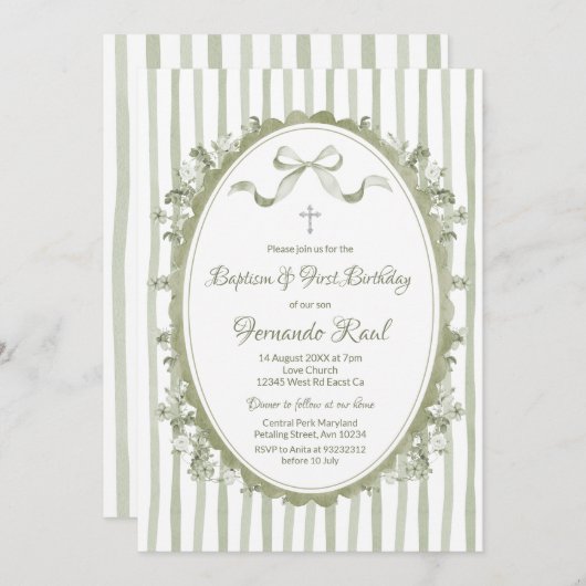 Invitation Sage Green Bow Ribbon Oval Frame Baptême Neutre (Devant / Derrière)