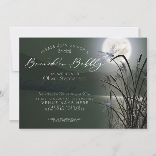 Invitation Sage Green Brunch Pleine lune mousseuse libellule (Devant)