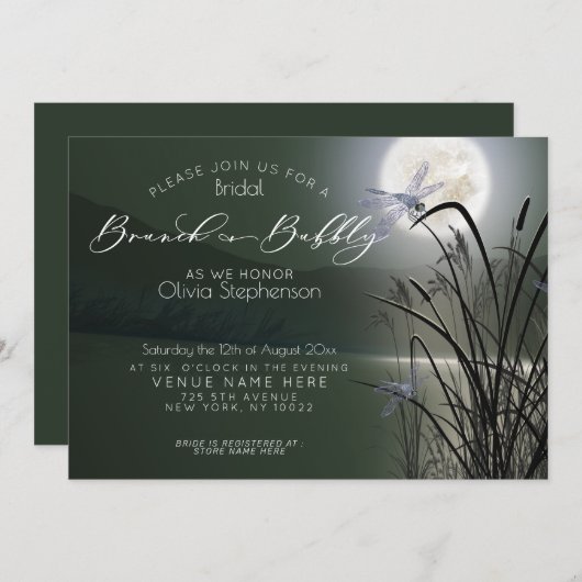 Invitation Sage Green Brunch Pleine lune mousseuse libellule (Devant / Derrière)