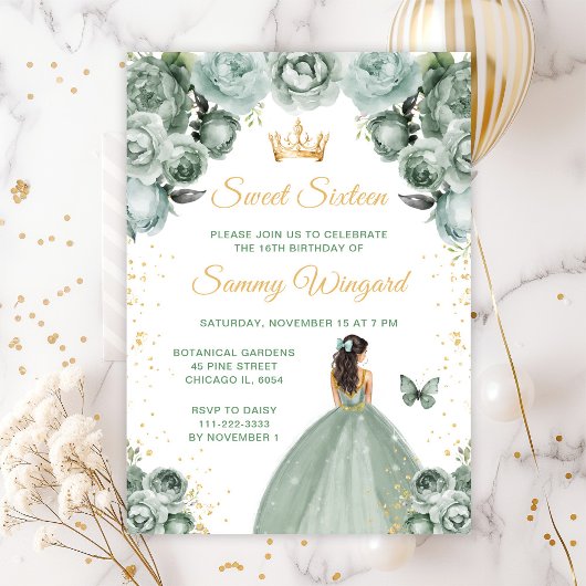 Invitation Sage Green Brunette Cheveux Princesse Sweet sixtee
