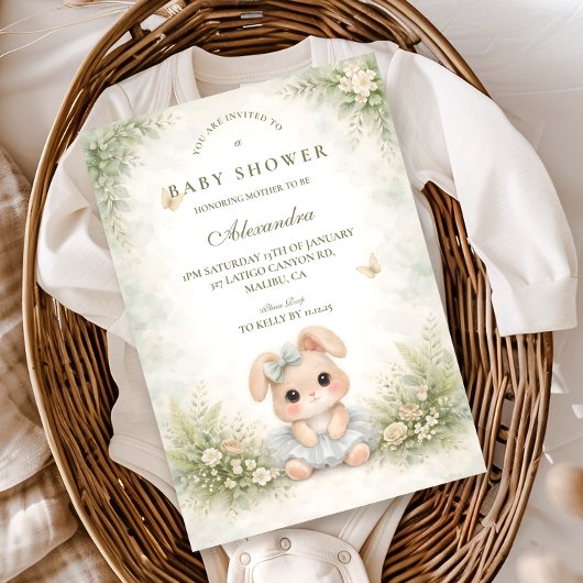 Invitation Sage Green Bunny Floral Baby Shower