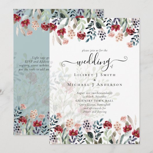 Invitation Sage Green Burgundy Blue Floral Mariage (Devant / Derrière)