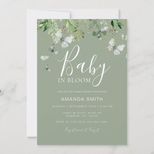 Invitation Sage Green Butterfly Baby in Bloom Baby shower (Devant)