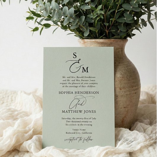 Invitation Sage Green Calligraphie Monogramme Mariage officie