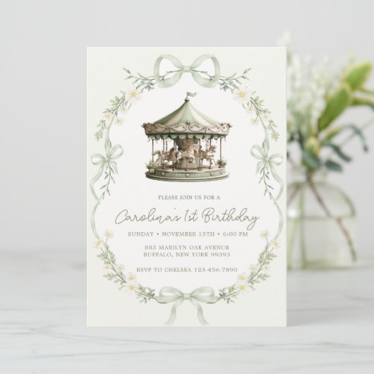 Invitation Sage Green Carousel Merry-go-round Birthday (Debout devant)