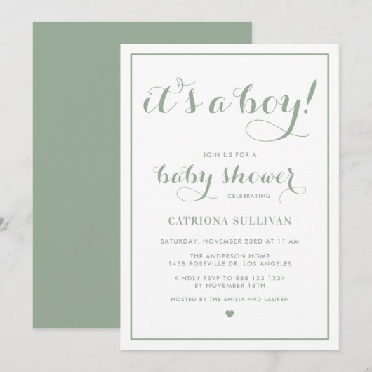 Invitation Sage Green C'est un Baby shower de calligraphie po (Devant / Derrière)