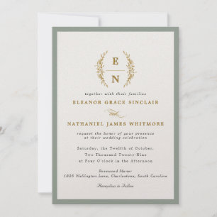 Invitation Sage Green & Champagne Gold Monogramme Mariage
