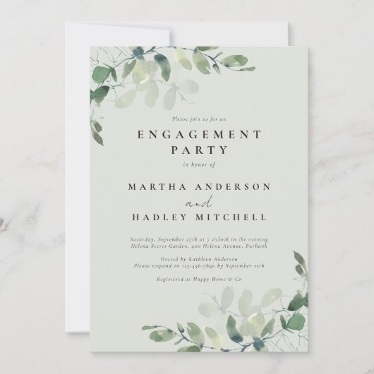 Invitation Sage Green Chic Eucalyptus Partie d'engagement (Devant)