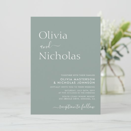 Invitation Sage Green Chic Script QR Code Mariage photo (Debout devant)