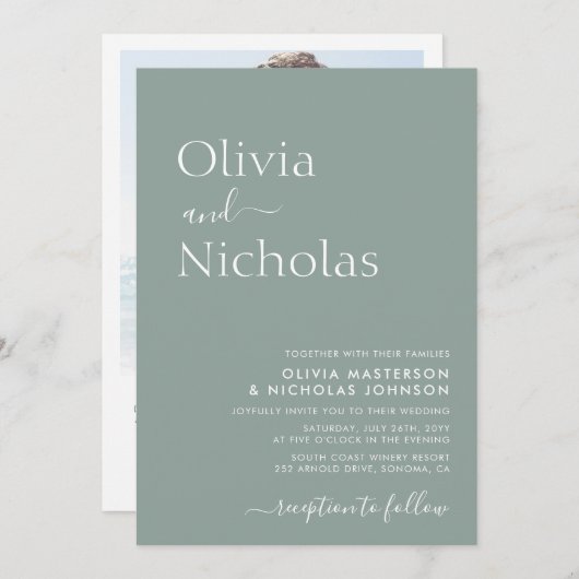 Invitation Sage Green Chic Script QR Code Mariage photo (Devant / Derrière)