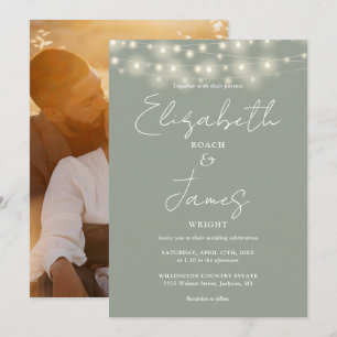 Invitation Sage Green Chic String Lights Script Mariage photo