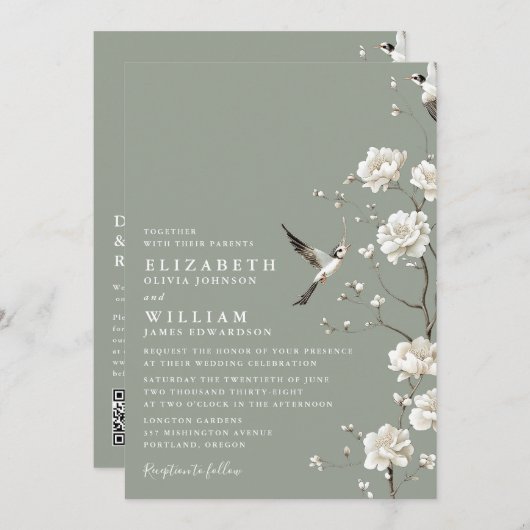 Invitation Sage Green Chinoiserie Floral QR Code Mariage (Devant / Derrière)