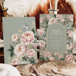 Invitation Sage Green Chinoiserie Jardin Fleur Fête des marié<br><div class="desc">Ce design d'inspiration chinoiserie présente d'élégants fleurons botaniques,  des oiseaux et de la verdure en vert sauge et rose roux. Personnalisez l'invitation avec vos détails et si vous voulez réorganiser le style et le placement du texte,  veuillez appuyer sur le bouton "Cliquez pour customiser plus loin".</div>