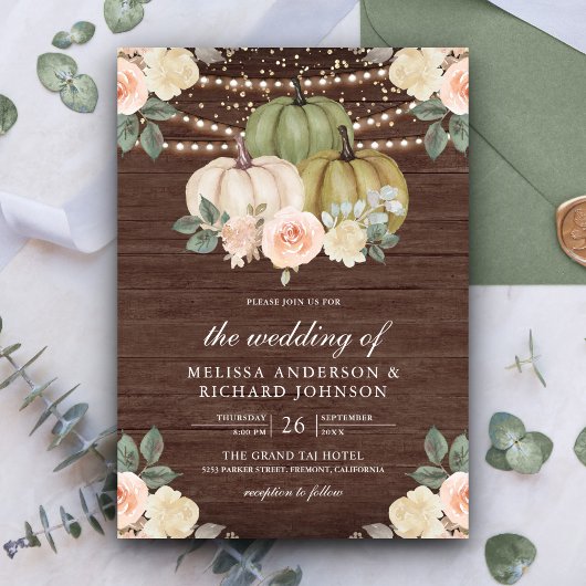 Invitation Sage Green Citrouille Dusty Peach Floral Bois Mari
