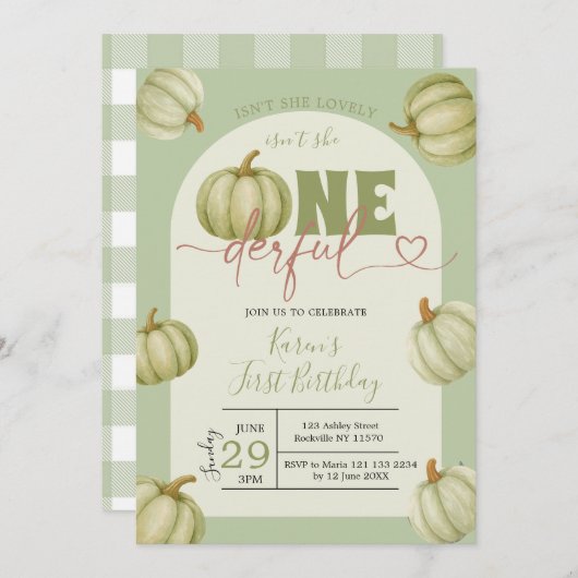 Invitation Sage Green Citrouille Onederday 1er anniversaire (Devant / Derrière)