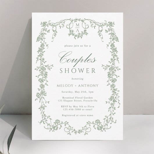 Invitation Sage Green Classique Français Floral Couples Douch