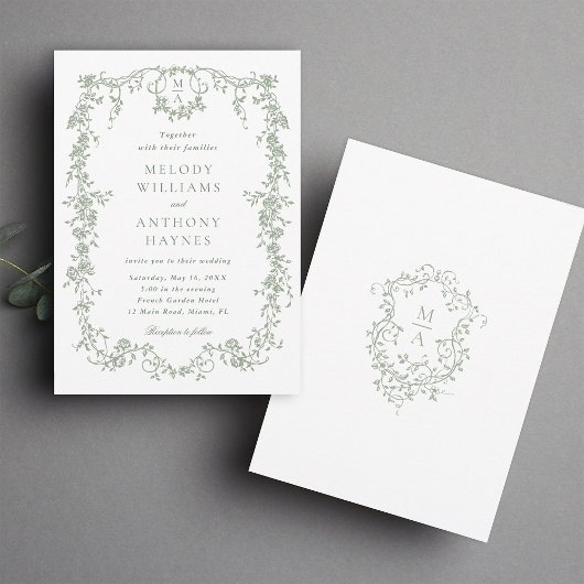 Invitation Sage Green Classique Mariage Floral Français