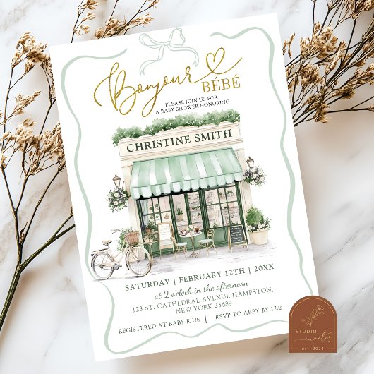 Invitation Sage Green Coquette Bow Café parisien Baby shower