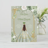 Invitation Sage Green Couronne Or Mis Quince 15 Robes Anos (Debout devant)