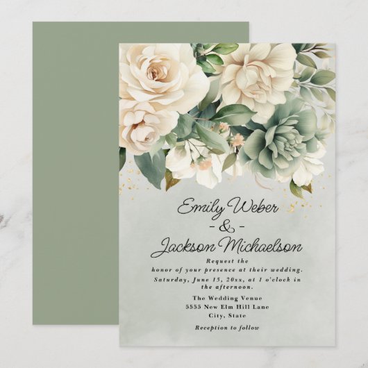 Invitation Sage Green Cream Aquarelle Floral Mariage or (Devant / Derrière)